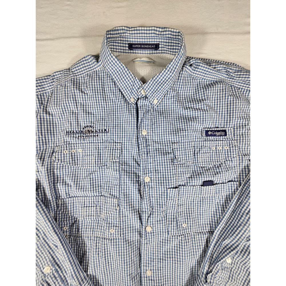 Columbia PFG Super Bonehead Fishing Shirt Mens‎ XL Blue Gingham Omni Shade